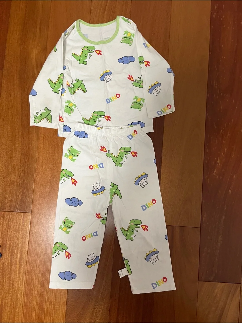 Kids Dino Print Pajama Set - White & Green